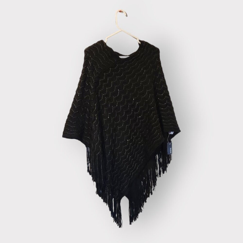 ARDENE WOMENS BLACK SEQUIN PONCHO MED - LARGE WITH FRINGES AT BOTTOM NWT